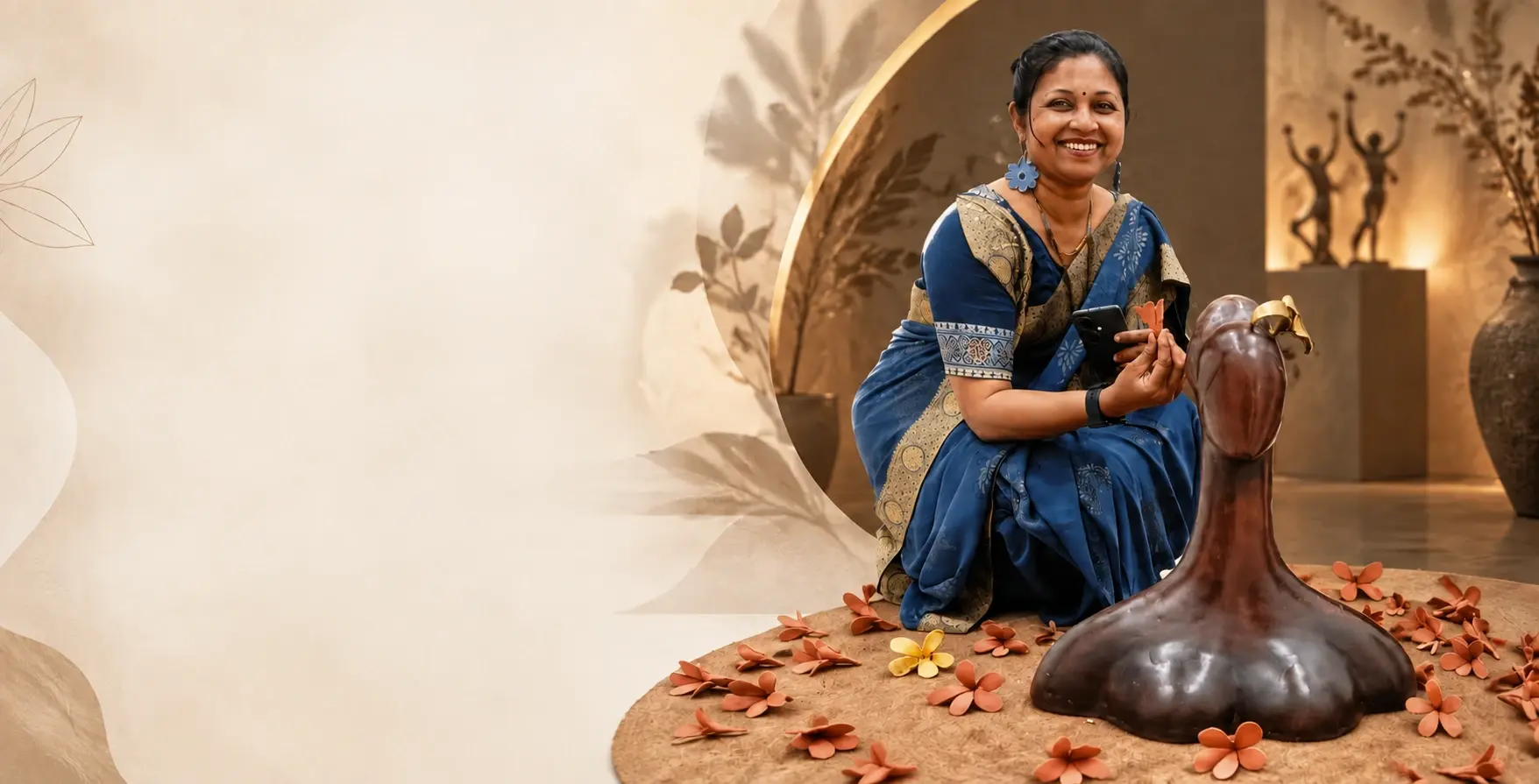 Shanta Samanta, bronze sculptor, kneeling beside one of her bronze sculptures in her studio