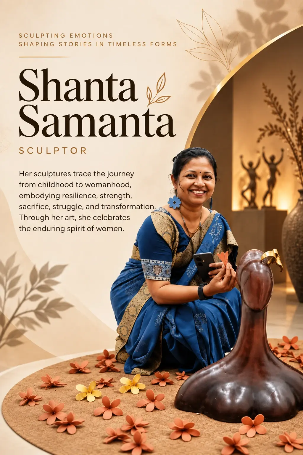 Shanta Samanta, Sculptor. Sculpting Emotions, Shaping Stories in Timeless Forms. Her sculptures trace the journey from childhood to womanhood, embodying resilience, strength, sacrifice, struggle, and transformation. Through her art, she celebrates the enduring spirit of women.